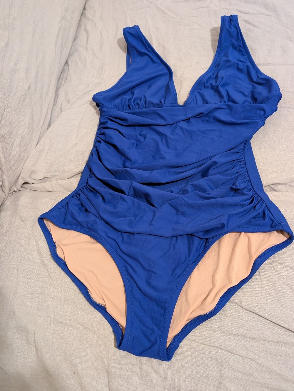 J Crew Ruched V-neck One-piece Swimsuit Size 12 Blue Slimming Plunge Bathing EUC
